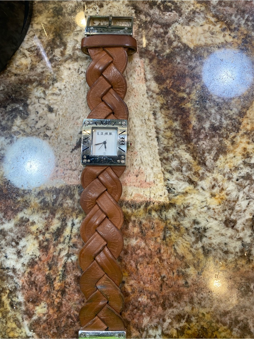 L.A.M.B. Braided Tan Leather Watch with Silver-Tone Square Case